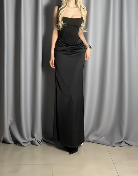 Fashion Black Spaghetti Straps Satin Sheath Long Wedding Guest Dress Formal Evening Dresses D2492