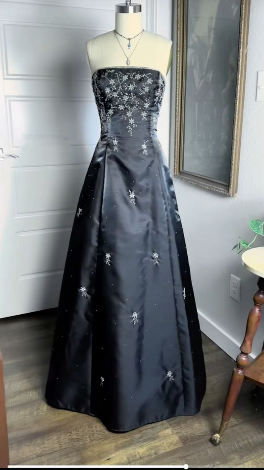 Vintage Strapless Black Satin Beaded A Line Long Party Dress Evening Dress D1687