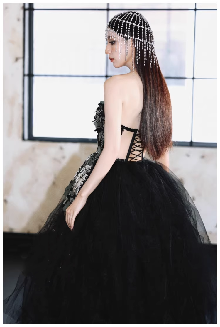 Gorgeous Strapless Black Tulle Sequin A Line Long Evening Dress Birthday Dress D2414