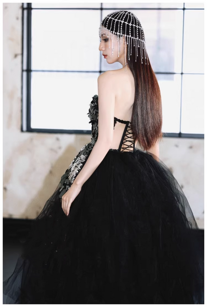 Gorgeous Strapless Black Tulle Sequin A Line Long Evening Dress Birthday Dress D2414