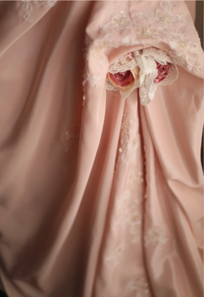 Pretty Pink Strapless Satin Lace Appliques Mermaid Long Party Dress Birthday Dress With 3D Flowers D2330