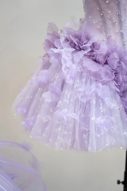 Charming Sweetheart Neck Tulle Beaded Short 16th Birthday Outfits,Purple Homecoming Dress With Bow D3062