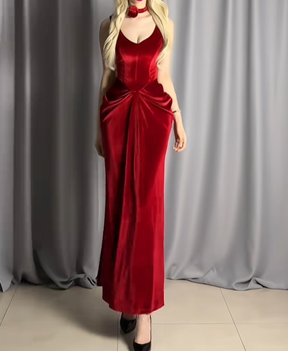 Sexy Red V Neck Velvet Mermaid Long Evening Dress Prom Dress D2491