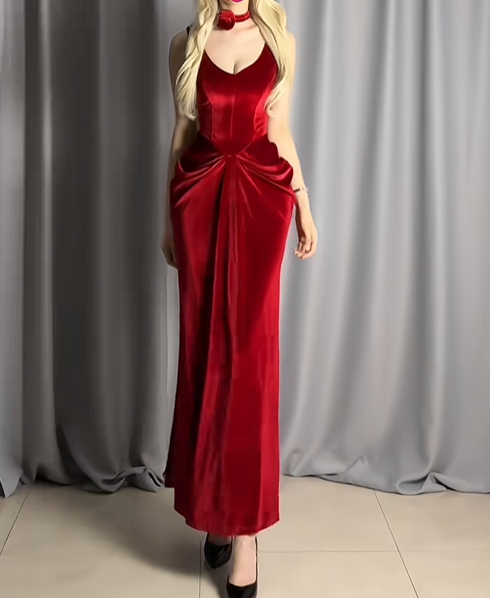 Sexy Red V Neck Velvet Mermaid Long Evening Dress Prom Dress D2491