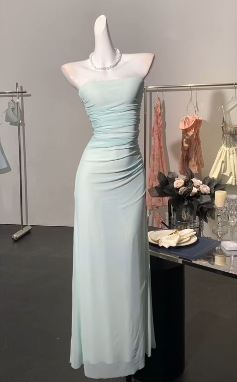 Classy Light Blue Strapless Chiffon Sheath Long Wedding Guest Dress Formal Evening Dress Birthday Prom Gown D1892