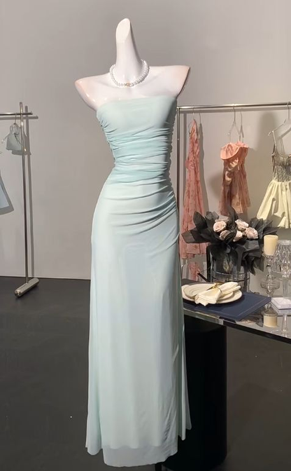 Classy Light Blue Strapless Chiffon Sheath Long Wedding Guest Dress Formal Evening Dress Birthday Prom Gown D1892