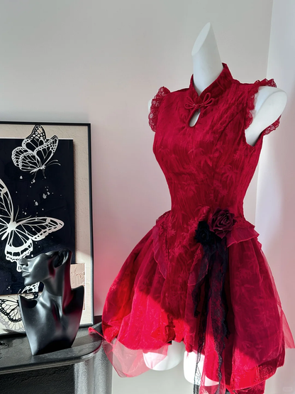 Vintage Sleeveless Red Satin Lace Short Birthday Dress Homecoming Dress S631