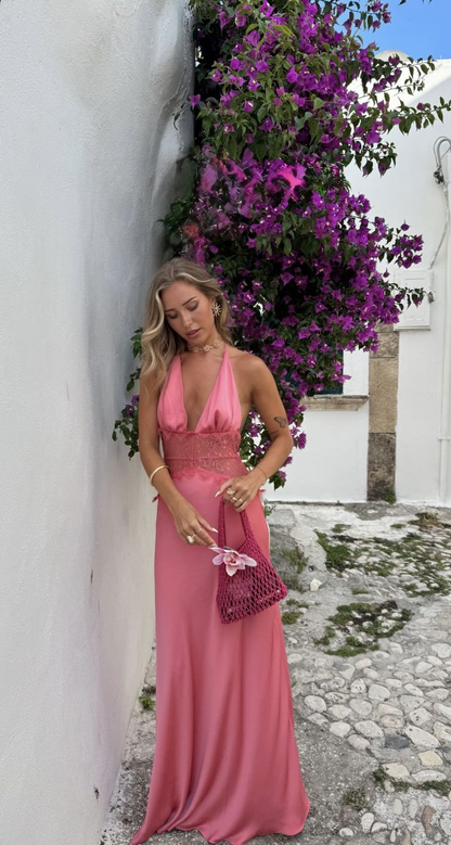 Elegant Pink Halter V Neck Satin Lace Mermaid Long Wedding Guest Dress Evening Dress D1479