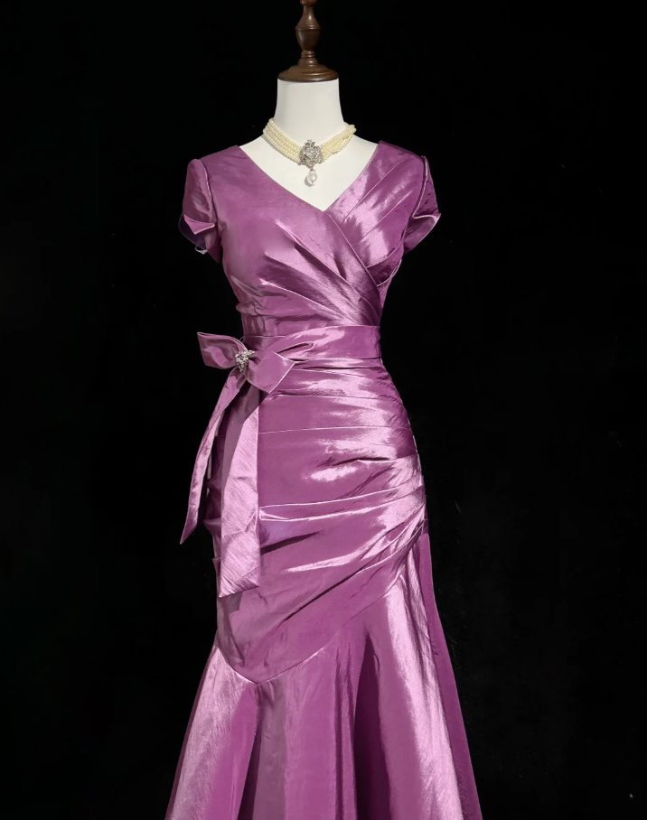 Elegant Purple V Neck Satin Pleated Mermaid Long Evening Dress Birthday Prom Dresses D2067