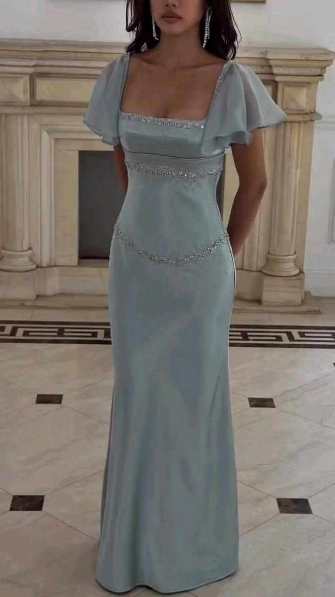 Pretty Square Neck Satin Chiffon Beaded Long Party Dress Blue Mermaid Evening Gown D5119