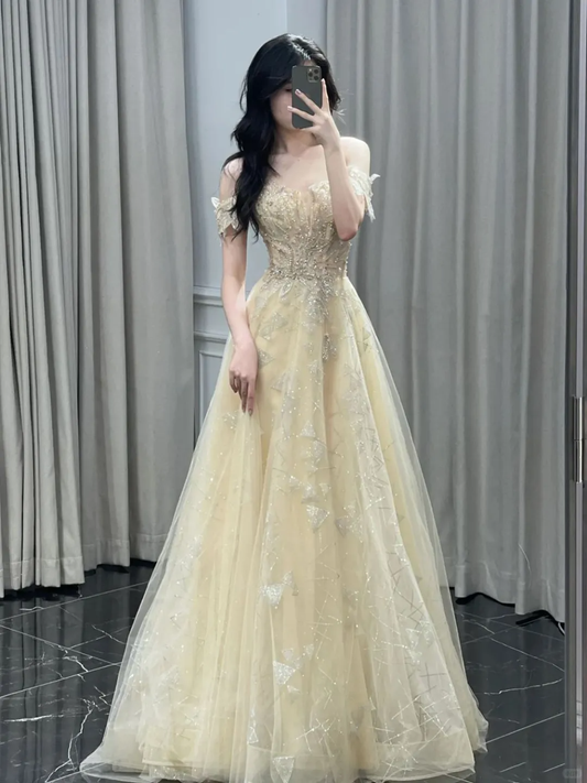 Sweet Off The Shoulder Tulle Sequin Beaded A Line Long Evening Dress Yellow Birthday Dress D2496