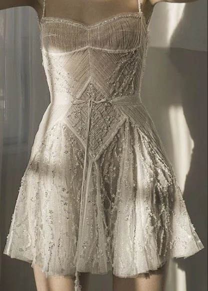 Classy Spaghetti Straps Tulle Sequin White Short Birthday Outfits Formal Graduation Homecoming Dress D377