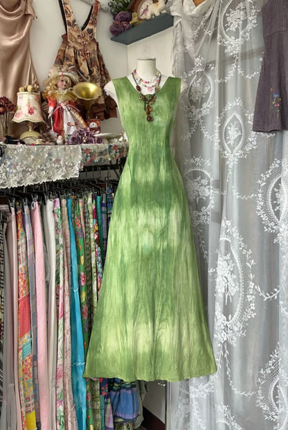 Retro Ombre Green Sleeveless Satin A Line Long Party Dress Prom Dress D1289