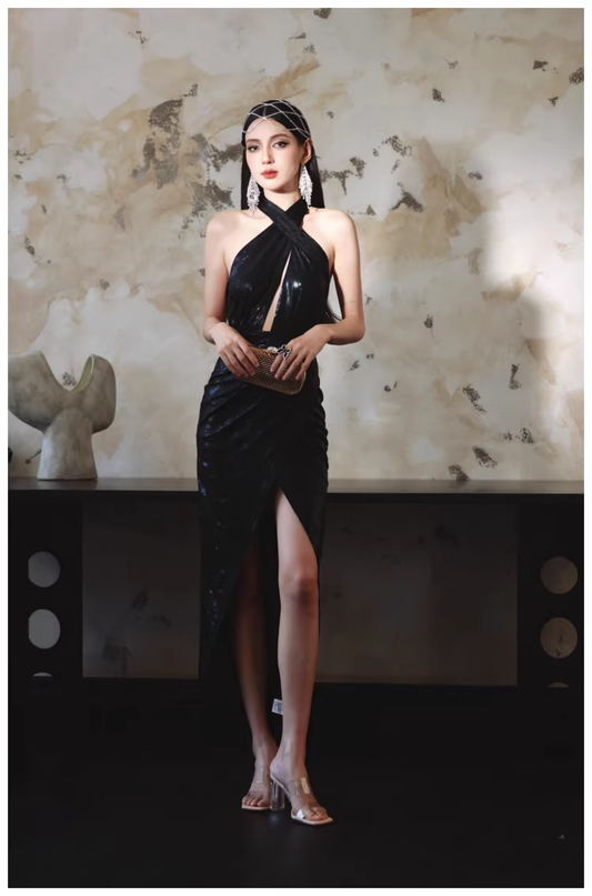 Sexy Black Halter High Slit Sheath Long Evening Dress Backless Prom Gowns D2412