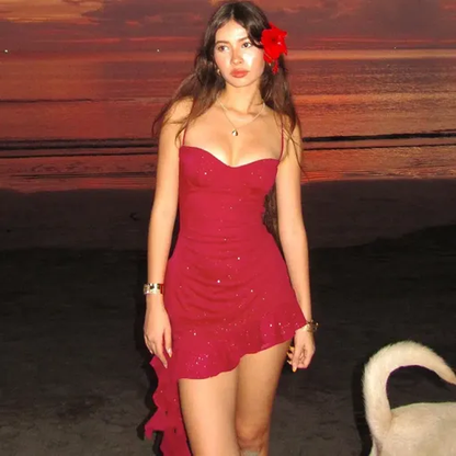 Shiny Red Spaghetti Straps Satin Sequin Ruffles Short Homecoming Dress Cocktail Dress D3241