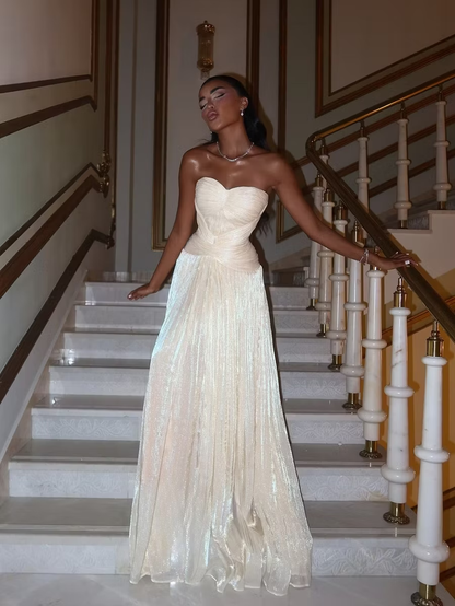 Shiny Ivory Sweetheart Neck Tulle Pleated A Line Long Party Dress Prom Gown D4789