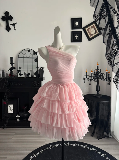 Charming One Shoulder Chiffon Pleated A Line Layered Birthday Outfits,Pink Graduation Homecoming Dress D3720