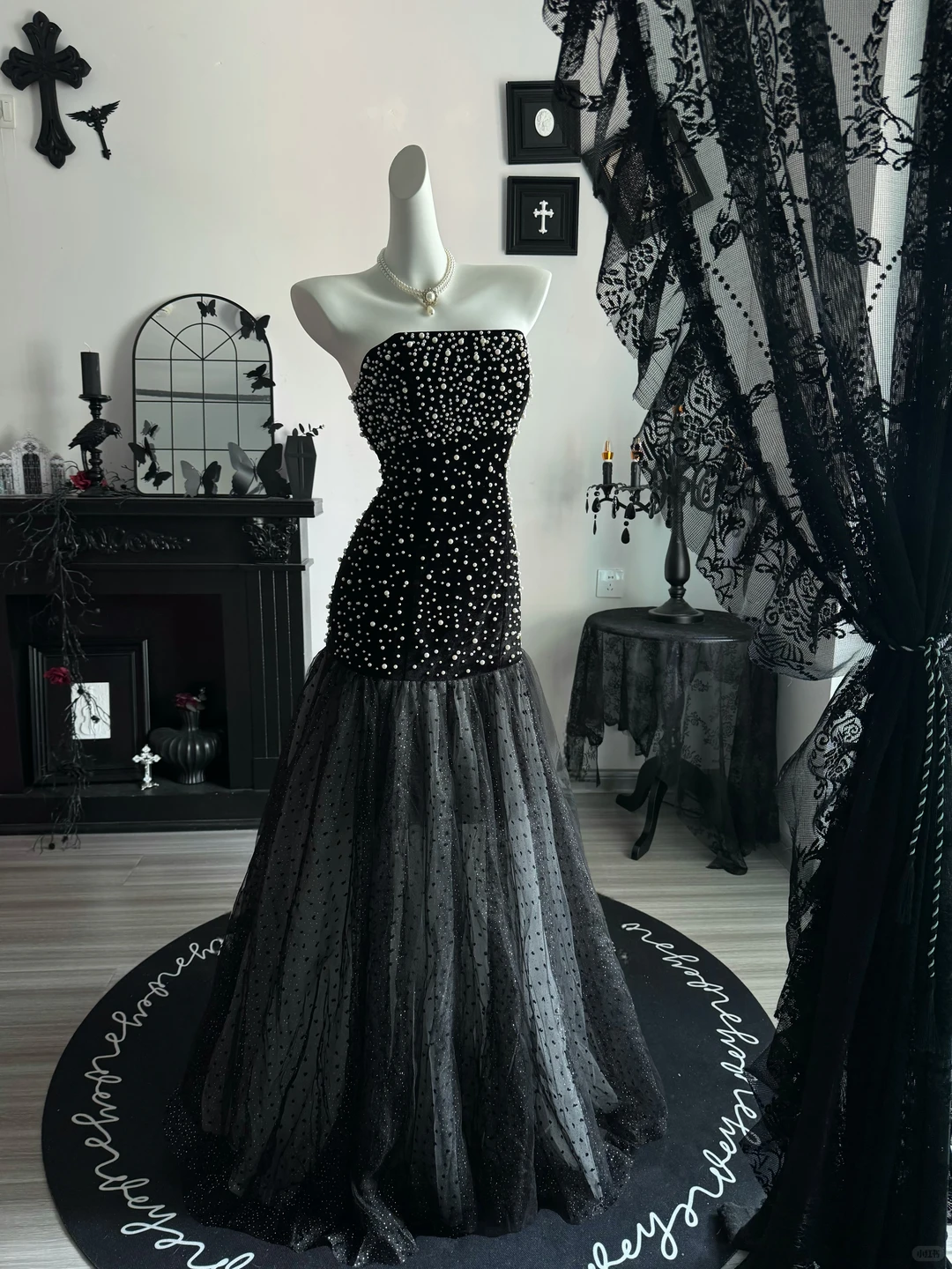Fashion Black Strapless Tulle Pearls Mermaid Evening Dress Long Wedding Guest Dress D3700