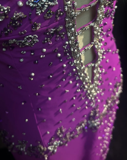 Classy Spaghetti Straps Purple Chiffon Beaded Long Wedding Guest Dress Formal Birthday Prom Dress Party Gown D1937