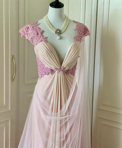 Charming V Neck Chiffon Lace Appliques Beaded Mermaid Long Evening Dress,Pink Party Gown D3094