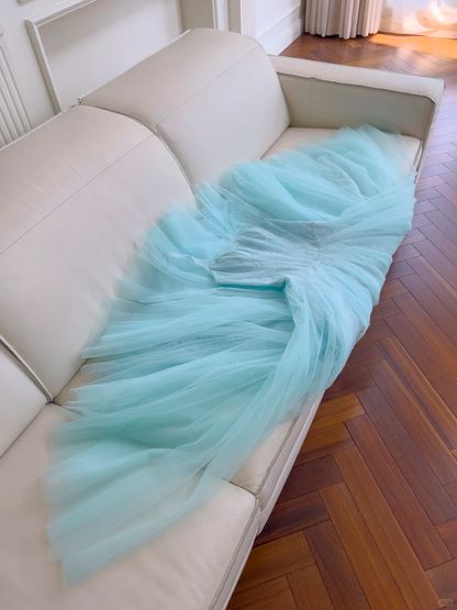 Classy Spaghetti Straps Tulle Lace A Line Evening Dress,Blue Long Wedding Guest Dress D2984
