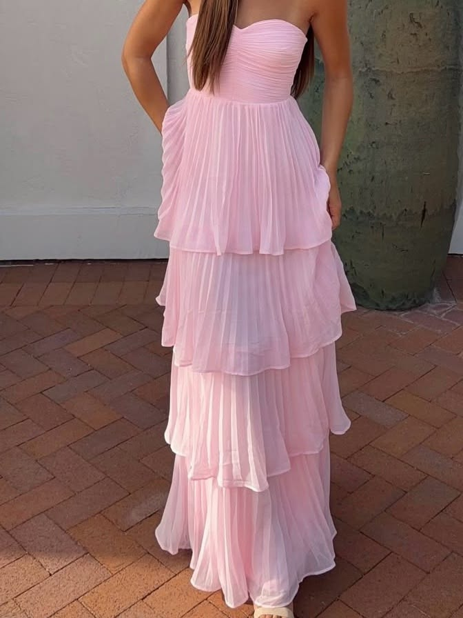 Charming Strapless Chiffon Pleated Layered Long Party Dress Pink Birthday Prom Dress With Scarf D5009