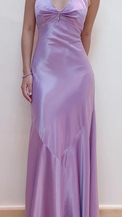 Elegant V NecK Purple Satin Mermaid Long Wedding Guest Dress Party Dress D1469