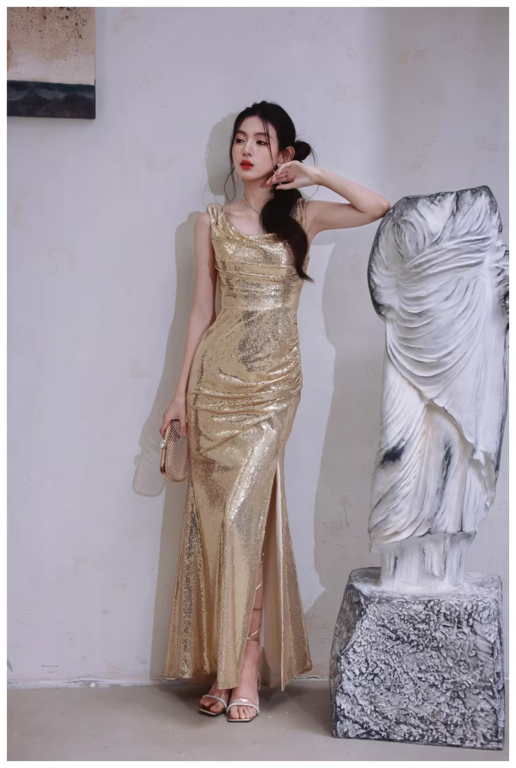 Fashion Gold Sleeveless Sequin Slit Mermaid Long Evening Dress Formal Wedding Guest Dress D2437