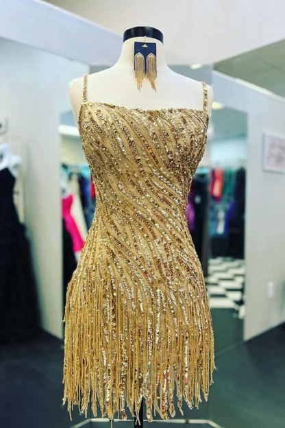 Sparkly Spaghetti Straps Gold Sequin Tassel Short Party Dress Homecoming Dress D4665