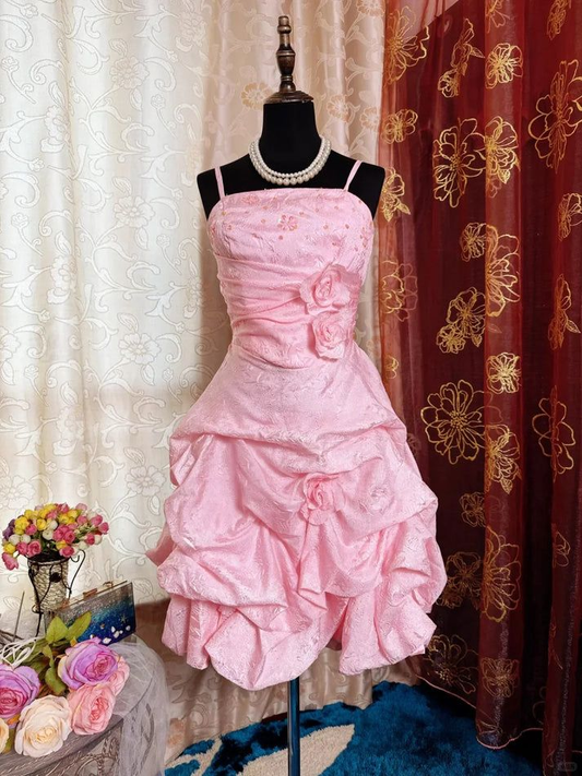 Vintage Pink Satin Pleated Short Birthday Outfits Formal 7th Grade Homecoming Dress D451