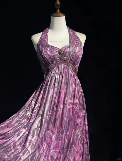 Unique Halter Purple Tulle Print Floral A Line Evening Dress Long Wedding Guest Dress D3123