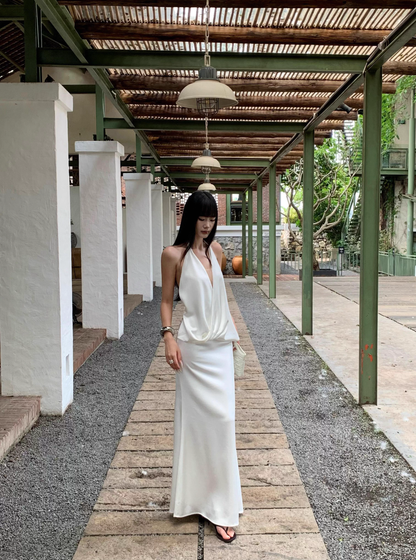 Sexy Halter V Neck White A Line Long Party Dress Formal Backless Evening Gown D2123