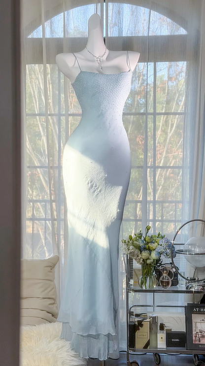 Glamorous Spaghetti Straps Sky Blue Chiffon Beaded Mermaid Long Birthday Prom Dress Party Gown D2529