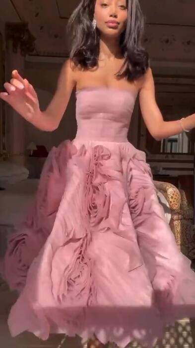 Glamorous Pink Tulle 3D Floral A Line Long Party Dress Strapless Long Evening Dress D4294