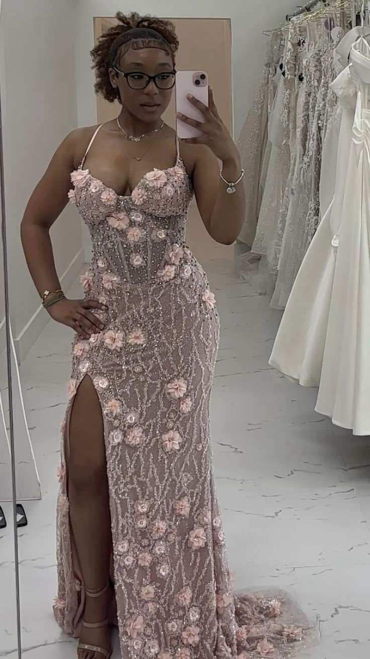 Gorgeous Spaghetti Straps Pink Tulle Sequin Floral Prom Dress,Side Slit Mermaid Long Party Dress D2926