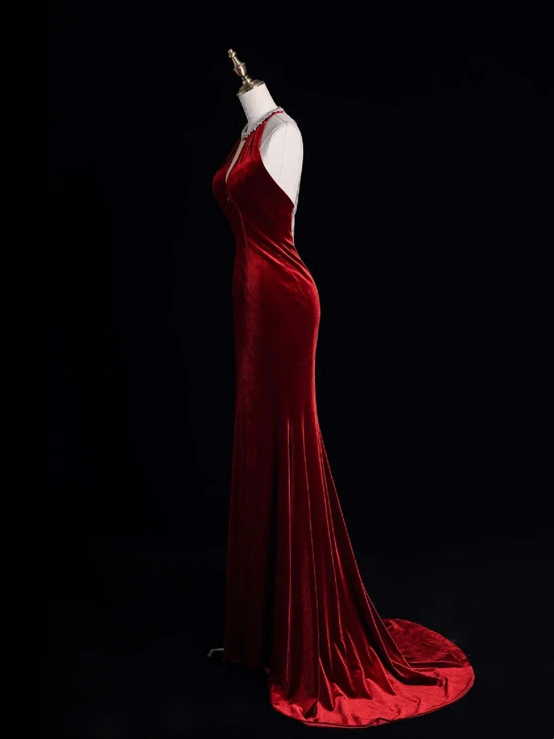 Vintage Halter Burgundy Velvet Mermaid Long Party Dress Birthday Prom Dress With Tassels D4850