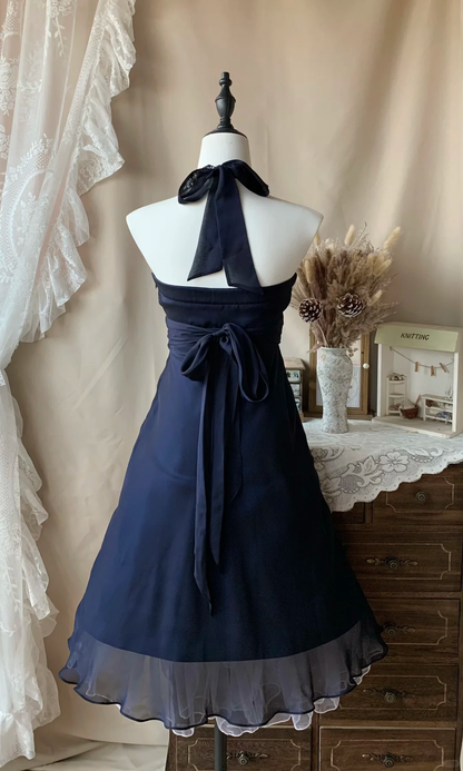 Classy Navy Blue Halter Chiffon A Line Short Homecoming Dress Birthday Outfits D3070