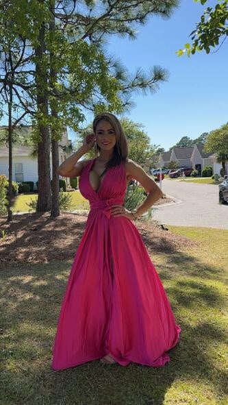 Sexy V Neck Hot Pink Satin Slit Long Party Dress Prom Gown D4101