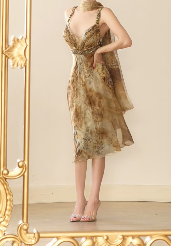 Unique Spaghetti Straps Chiffon Print Floral Beaded Evening Dress Formal Wedding Guest Dress With Scarf D2752