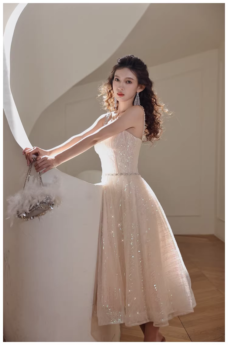 Elegant Light Champagne Tulle Sequin Beaded A Line Mid Length Birthday Prom Dress Evening Gown D2443