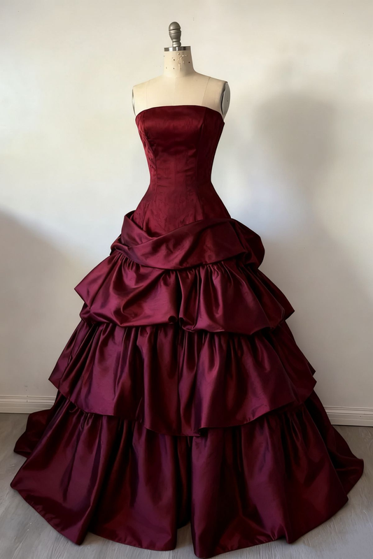 Fashion Strapless Ball Gown Burgundy Satin Layered Long Party Dress Evening Gown D1911