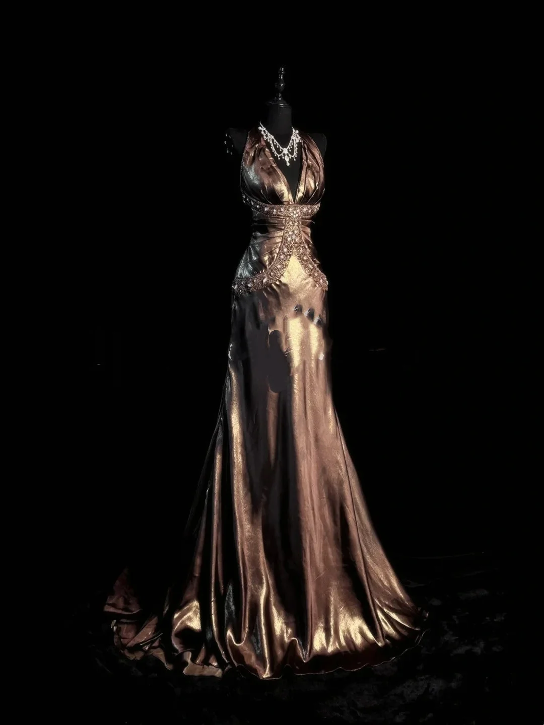 Vintage Brown Mermaid Halter Satin With Beaded Gem Long Prom Dresses Party Dress D4429
