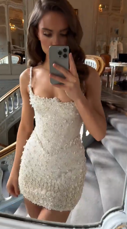 Shiny White Spaghetti Strap Mini Homecoming Dress, 3D Floral Rhinestone Sequin Sparkly Short Evening Dress D3162