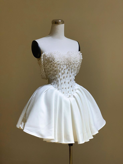 Classy Off The Shoulder Pearl Beaded Short Prom Dress White Formal Graduation Homecoming Dress D027