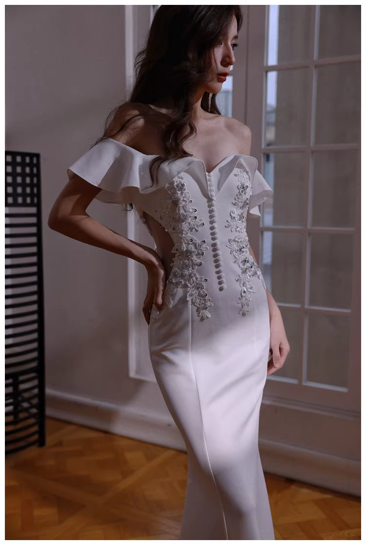 Elegant Off The Shoulder White Satin Appliques Mermaid Evening Dress Long Wedding Guest Dress D2430