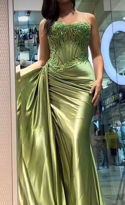 Charming Satin Beaded Appliques Mermaid Party Dress Sage Green Slit Long Prom Gown D5002