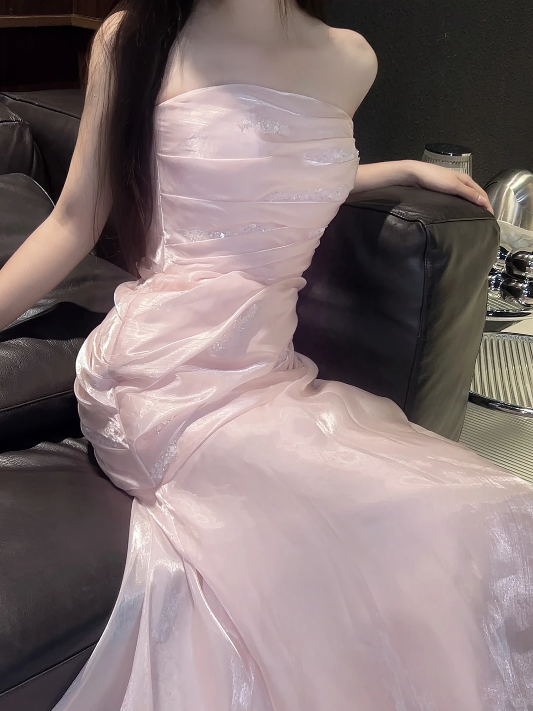Shiny Pink Organza Pleated Mermaid Long Party Dress Strapless Long Prom Gown D5087