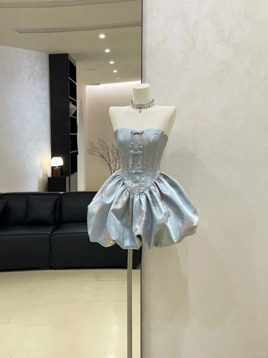 Classy Blue Satin Print Floral A Line Short Birthday Outfits Strapless Homecoming Dress Cocktail Dress S416