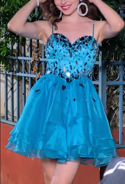 Charming Blue Spaghetti Straps Tulle Sequin A Line Short Homecoming Dress 19th Birthday Outfits D738