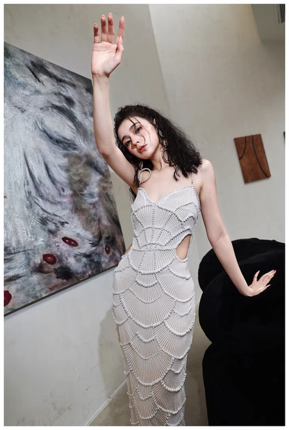 Unique Spaghetti Straps Sequin Pearls Sheath Slit Long Party Dress Birthday Evening Gown D2452